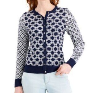 Charter Club Blue Mixed Print Crewneck Button Cardigan Sweater XXL Preppy Work